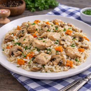 Пилешки късчета с ориз и гъби