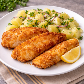 Панирана бяла риба с картофена салата